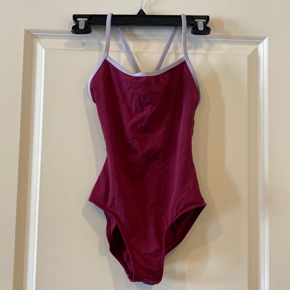 Maroon leotard with light purple straps